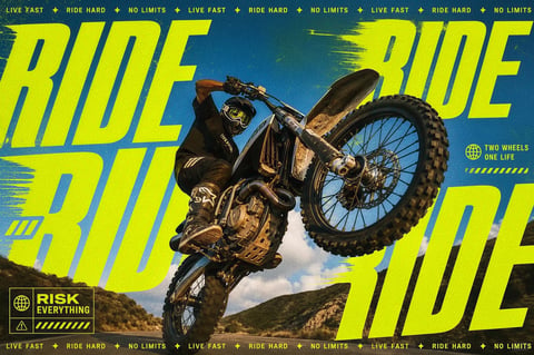 This image is a dynamic, high-energy poster featuring a dirt bike rider performing a wheelie on an asphalt road against a backdrop of rolling, sunlit hills under a bright, clear sky. The composition is dominated by large, bold, neon-yellow text that repeats the word "RIDE" in a distressed, slanted, and overlapping manner, creating a sense of aggressive motion and urgency; the text is integrated into the scene, with the rider's bike and body partially obscuring some letters, enhancing the depth. The overall visual aesthetic is photorealistic with a gritty, high-contrast, and slightly desaturated photographic base, overlaid with vibrant, graphic design elements. The color language is defined by a striking contrast between the deep, natural blues of the sky and earthy tones of the hills versus the intense, saturated neon yellow of the text and graphic accents, with warm sunlight highlighting the rider and bike. The lighting approach is hard, directional sunlight coming from the upper left, casting strong shadows and creating dramatic highlights on the motorcycle's metallic surfaces and the rider's gear, emphasizing texture and form. Texture and material feel are highly detailed, showcasing the rough, knobby tread of the tires, the scratched and dirt-splattered metal of the engine and exhaust, the matte fabric of the rider's clothing, and the gritty asphalt surface. Compositionally, the image uses a low-angle shot to emphasize the height and power of the stunt, with strong diagonal lines from the bike's lean, the slanted text, and the road leading the eye through the frame. Shape language combines the organic, curved forms of the landscape and rider with the sharp, geometric edges of the text and graphic boxes. The mood and atmosphere are intensely energetic, rebellious, and adventurous, conveying a sense of adrenaline, freedom, and risk-taking. Visible text includes the large, dominant "RIDE" repeated across the image; along the top and bottom edges, a repeating border reads "LIVE FAST ★ RIDE HARD ★ NO LIMITS"; a graphic box in the lower left contains a globe icon and the words "RISK EVERYTHING" with a warning triangle; and a graphic element on the right features a globe icon with the text "TWO WHEELS ONE LIFE". The text is in English, uses bold, sans-serif fonts, and serves to amplify the poster's aggressive, motivational theme. The focus is sharply on the rider and motorcycle in mid-action, with the background landscape slightly softer to maintain visual hierarchy, ensuring the central stunt and overlaid text are the primary points of attention.