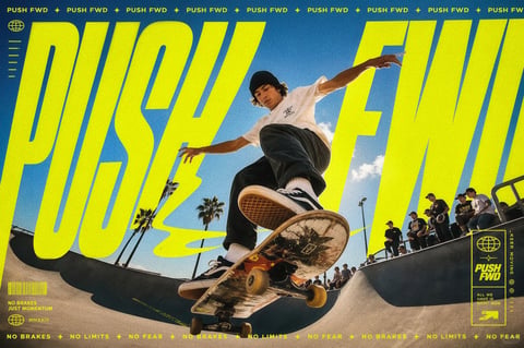 The image is a dynamic, high-energy sports photograph with a distinct retro-modern graphic overlay, capturing a male skateboarder mid-air in a deep, curved skate bowl. The main subject, a young man in a white t-shirt, dark jeans, white socks, and black sneakers, is frozen in an action pose, his board angled beneath him against a clear, deep blue sky. The composition is anchored by massive, bold, fluorescent yellow typography spelling 'PUSH FWD' that spans the width behind him, integrating directly into the scene. Visible text includes this central 'PUSH FWD', repeated smaller instances in a top banner, and additional phrases like 'NO BRAKES JUST MOMENTUM', 'NO BRAKES + NO LIMITS + NO FEAR', and 'MMXXIV' (2024) in the corners, all in the same vibrant yellow, reinforcing a motivational, action-oriented theme. The visual aesthetic blends gritty photorealism with a graphic design sensibility, marked by a high-contrast, film-grain texture and a saturated color palette of electric yellow against deep cyan sky and concrete tones. Lighting is bright and directional, suggesting strong overhead sunlight that casts hard, defined shadows on the skateboarder and the bowl's surface, enhancing the three-dimensional feel. The composition uses a low-angle, wide-angle perspective to exaggerate the height of the jump and the scale of the text, creating a sense of immersive depth with the skateboarder sharply in focus in the foreground and spectators lining the bowl's rim in the softer mid-ground. The mood is intense, rebellious, and kinetic, emphasizing raw momentum and limitless energy.