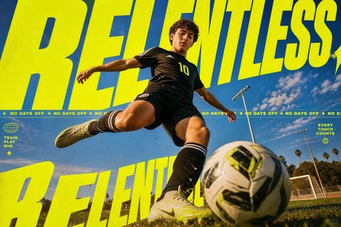 The image is a dynamic, photorealistic sports photograph centered on a young male soccer player in mid-action, striking a ball on a grassy field under a clear, bright blue sky with scattered clouds. The composition uses a low-angle perspective, placing the player and the soccer ball in the foreground against a backdrop of stadium lights and distant palm trees, creating a sense of depth and grandeur. The visual aesthetic is high-contrast and vibrant, with a dominant color palette of saturated lime yellow and deep blue, creating a strong complementary color scheme. The lighting is hard and directional, simulating bright sunlight, casting sharp shadows and highlighting the player's muscular definition and the texture of his black kit, white stripes, and the worn surface of the soccer ball. The image features prominent, bold text elements: the word "RELENTLESS" appears twice in large, distorted, lime-yellow sans-serif typography that stretches across the top and bottom of the frame, integrating dynamically with the scene. A smaller banner of repeating text "NO DAYS OFF" runs horizontally across the middle, and additional phrases like "TRAIN PLAY WIN" and "EVERY TOUCH COUNTS" are placed in the corners, reinforcing the motivational theme. The overall mood is energetic and intense, emphasizing athletic determination and grit.