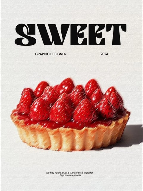 The image is a stylized graphic design poster featuring a central, painterly illustration of a strawberry tart. The composition is clean and minimalist, with the tart centered against a subtle, textured off-white background that resembles paper or canvas. The tart has a fluted, golden-brown crust and is densely topped with vibrant, glossy red strawberries that appear glazed, rendered with visible brushstrokes that give it an illustrative, slightly textured feel rather than photorealism. The visual aesthetic combines graphic boldness with painterly detail, using a dominant palette of rich reds and warm golden hues against a neutral backdrop, creating high contrast and visual pop. The lighting is soft and diffused, coming from the upper left, casting gentle shadows that give the tart dimension without harshness. Text appears at the top and bottom: the large, bold, black serif word 'SWEET' dominates the upper portion, with 'GRAPHIC DESIGNER' and '2024' in smaller, clean sans-serif type below it, framing the subject. At the bottom, smaller italicized Spanish text reads 'No hay nadie igual a ti, y ahí está tu poder. Expresa tu esencia.' The overall mood is sophisticated, appetizing, and creatively inspiring, blending food illustration with modern editorial design.