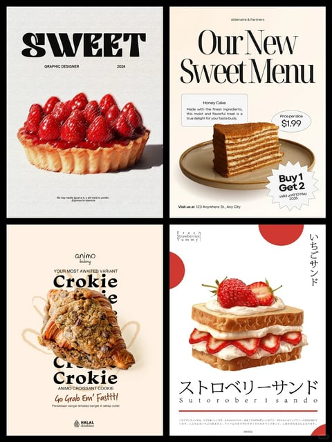 The image is a composite of four distinct, vertically oriented poster designs arranged in a 2x2 grid, each showcasing a different dessert with a clean, modern aesthetic suitable for a bakery or cafe moodboard. The overall composition is balanced and grid-based, with each panel featuring a centered dessert subject against a minimal, textured background. The visual aesthetic is primarily photorealistic with high-quality, appetizing food photography, though the bottom-right panel incorporates illustrative graphic elements. The color language varies by panel but generally features warm, inviting palettes: the top-left uses a textured off-white background with vibrant red strawberries and a golden-brown tart crust; the top-right has a creamy beige background with a honey-gold cake; the bottom-left uses a soft peach background with the deep browns and golds of a croissant-cookie hybrid; and the bottom-right employs a stark white background with bold red accents and the creamy whites and pinks of a strawberry sandwich. Lighting is consistently soft and directional, creating gentle shadows that give the desserts dimension and a sense of realism, with a focus on highlighting moist textures and glossy glazes. Texture and material feel are emphasized, from the crumbly pastry and glistening fruit to the creamy fillings and soft bread. Compositionally, each poster uses centered or slightly offset framing with ample negative space, allowing the food to be the hero, while text is strategically placed around the subject in varied, elegant typefaces. Shape language combines the organic, irregular forms of the desserts with clean geometric typography and occasional graphic shapes like circles or starbursts. The mood is appetizing, premium, and inviting, conveying a sense of artisanal quality and indulgence. Text is present in each panel: the top-left features the word 'SWEET' in a large, bold serif font, with smaller text 'GRAPHIC DESIGNER' and '2024'; the top-right has the title 'Our New Sweet Menu' in an elegant serif, descriptive text about 'Honey Cake', price '$1.99', a 'Buy 1 Get 2' offer, and an address; the bottom-left announces 'Crokie' with the bakery name 'animo bakery' and promotional text like 'Go Grab Em' Fasttt!'; and the bottom-right includes Japanese characters (ストロベリーサンド, Ichigo Sando) and English 'Sutoroberi sando', along with smaller descriptive text. The text functions as both informative labels and stylistic elements, using a mix of serif and sans-serif fonts in black, white, or red to complement each design's color scheme.