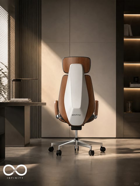 This image presents a photorealistic 3D rendering of a sophisticated office chair as the central subject, positioned in a minimalist, modern executive office setting. The composition is a centered, eye-level shot with a shallow depth of field, focusing sharply on the chair while the background softly recedes. The chair features a sculptural, ergonomic design combining warm-toned wood veneer (likely walnut) on the outer backrest, armrest caps, and headrest, with a prominent, smooth matte white central spine and cushion panels. Its base is a polished five-star chrome frame with black casters. The scene includes a dark gray desk to the left with a slim black lamp and stacked books, and a floor-to-ceiling built-in shelving unit to the right with subtle integrated lighting. The visual aesthetic is clean, luxurious, and product-focused, rendered with high detail to emphasize material quality. The color language is restrained and sophisticated, dominated by a neutral palette of warm taupes, soft beiges, and deep charcoal grays, punctuated by the rich amber-brown of the wood and the cool metallic sheen of chrome, creating a high-contrast yet harmonious look. The lighting approach is dramatic and directional, simulating strong late-afternoon sunlight streaming from the left, casting long, soft-edged shadows and creating bright, warm highlights on the chair's surfaces and the floor, evoking a calm, focused, and serene mood. Texture and material feel are meticulously rendered: the wood grain is visible and tactile, the white surfaces appear smooth and velvety, the chrome is highly reflective, and the floor has a polished concrete texture. The composition uses strong vertical lines (window blinds, wall panels, shelving) to frame the chair, with the light creating diagonal lines that add dynamism. Shape language blends organic, curved forms of the chair with the strict geometric lines of the architecture. Visible text includes 'BRAND' in a minimalist sans-serif font on the lower white backrest of the chair, and 'INFINITY' below a white infinity-loop logo in the bottom-left corner, with smaller text 'DESIGN' within the loop, serving as branding and watermarks. The overall mood is one of refined elegance, quiet productivity, and contemporary luxury.