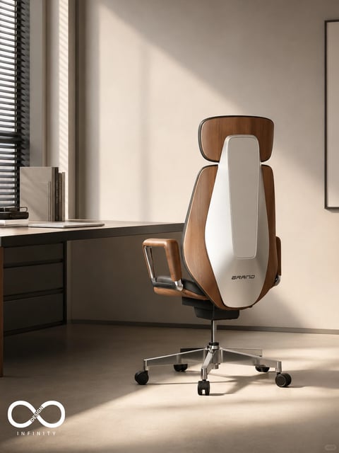 The image presents a photorealistic, high-end office interior scene centered on a modern executive chair positioned before a dark wood desk. The composition uses a low-angle perspective to emphasize the chair's stature, with strong directional sunlight from a left-side window creating dramatic, elongated shadows that enhance depth and texture. The chair itself is the primary subject, showcasing a sophisticated material palette of rich, warm walnut wood grain on the backrest wings, armrests, and headrest, contrasted with a smooth, matte white central back panel and sleek metallic accents on the armrest supports and five-star base. Visible text includes the word 'BRAND' in a minimalist, sans-serif font embossed on the lower portion of the white back panel, serving as a subtle branding element, and a logo in the bottom left corner featuring an infinity symbol with the words 'DESIGN' and 'INFINITY' in a clean, modern typeface. The overall aesthetic is one of luxurious minimalism, with a muted color palette dominated by warm beiges, deep browns, and crisp whites, rendered with exceptional detail that highlights the smooth leather, polished metal, and fine wood grain textures. The lighting is soft yet directional, coming from the left to create a serene, focused atmosphere with high contrast between the sunlit surfaces and deep shadows, emphasizing the chair's ergonomic form and the room's clean, geometric lines.