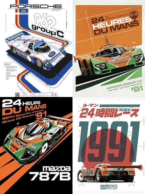 This image is a collage of four distinct, stylized graphic art posters celebrating classic Group C endurance race cars, primarily featuring the Mazda 787B and Porsche 962. The overall composition is a 2x2 grid, with each poster occupying a quadrant, unified by a consistent flat, vector-based illustrative style that blends retro motorsport graphics with modern, clean lines. The visual aesthetic is highly graphic and poster-like, utilizing bold, solid color blocks, sharp geometric shapes, and stylized, simplified representations of the vehicles rather than photorealistic renders. The dominant color palette is vibrant and high-contrast, with each poster having its own scheme: the top-left Porsche poster uses a cool palette of white, royal blue, and red accents against a white background with colored racing stripes; the top-right and bottom-left Mazda posters feature a warm, energetic combination of bright orange and deep green; the bottom-right poster uses a muted teal, red, and cream palette reminiscent of vintage Japanese design. Lighting is treated graphically with flat shading and minimal gradients, focusing on clear form definition through color blocks rather than realistic light sources. Text is a major compositional and informational element across all panels, rendered in bold, sans-serif or retro-futuristic typefaces. The top-left reads 'PORSCHE', '962 group C', 'Rothmans', and includes technical specifications like 'Engine Displacement: 2994 cc'. The top-right and bottom-left panels prominently feature '24 HEURES DU MANS', '59TH Grand Prix of Endurance', 'Group C2 Champion '91', and 'MAZDA 787B'. The bottom-right panel includes Japanese text 'ル・マン 24時間レース' (Le Mans 24 Hour Race) and '1991' alongside '30周年' (30th Anniversary). The composition is tight and dynamic, with the race cars depicted at dramatic, angled perspectives that suggest speed and power, often emerging from or integrated with graphic elements like racing stripes, grid lines, and abstract speed lines. The mood is celebratory, nostalgic, and energetic, capturing the iconic status of these racing legends through a clean, graphic design lens that emphasizes form, livery, and historical context.