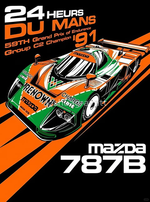 This image is a stylized, illustrative poster featuring the iconic Mazda 787B race car as the main subject, captured in a dynamic, angled composition that conveys speed and energy. The car, rendered with sharp, defined lines and a glossy finish, dominates the frame against a solid black background, with bold, diagonal orange stripes cutting across the lower portion to emphasize motion and forward momentum. The visual aesthetic is distinctly graphic and poster-like, employing a flat yet dimensional rendering technique with high-contrast shading that highlights the car's aerodynamic form. The color language is dominated by a vibrant, high-saturation palette of bright orange, vivid green, and crisp white against the deep black, creating a striking, energetic contrast. The lighting appears directional and artificial, casting sharp, hard-edged shadows that accentuate the car's contours and reflective surfaces, suggesting a studio or trackside spotlight effect. Text is prominently integrated throughout the composition: large, bold white and orange sans-serif typography at the top reads '24 HEURS DU MANS', with smaller text below stating '59TH Grand Prix of Endurance' and 'Group C2 Champion', alongside the year '1991'; the car itself features detailed sponsor decals including 'RENOWN', 'CHARGE', 'CIBIE', and 'MAZDA', with additional model identification 'MAZDA 787B' in large white letters at the bottom right. The composition is tightly framed with a low-angle perspective that enhances the car's imposing presence, while the diagonal lines create a strong sense of directional movement. Shape language combines the organic, flowing curves of the car's body with sharp, geometric typography and graphic elements. The overall mood is one of high-octane excitement and celebratory nostalgia, capturing the triumphant spirit of endurance racing with a bold, retro-inspired visual energy.