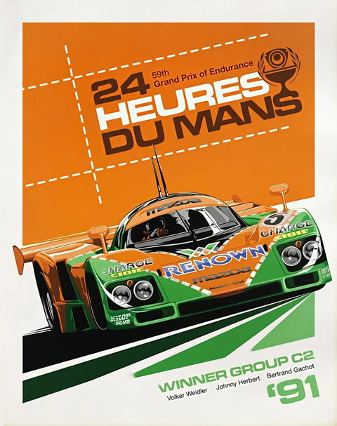 The image is a vibrant, retro-style illustrative poster celebrating the 1991 24 Hours of Le Mans, featuring a Mazda 787B race car as the central subject. The composition uses a dynamic, angled perspective with the car rushing toward the viewer from the lower-left, set against a bold orange background and abstract green geometric shapes suggesting a racetrack. Visible text includes large, blocky lettering at the top reading '24 HEURES DU MANS' in white and brown, with '59th Grand Prix of Endurance' above it in smaller black type; the car's livery displays 'RENOWN', 'CHARGE CABLE', 'MAZDA', and 'DUNLOP' logos; and at the bottom, 'WINNER GROUP C2' in green, followed by driver names 'Volker Weidler', 'Johnny Herbert', 'Bertrand Gachot', and the year '1991' in large green numerals. The visual aesthetic is flat and graphic, with clean line art and solid color blocks, reminiscent of vintage motorsport posters. The color palette is dominated by saturated orange and green, with high contrast between the warm background and cool car accents, creating a striking visual impact. Lighting is implied through simplified shading on the car's surfaces, giving a subtle sense of dimension without realistic detail. Texture is minimal, emphasizing smooth, vector-like surfaces and crisp edges. The composition uses diagonal lines and overlapping planes to convey speed and motion, with the car sharply in focus against the stylized background. The mood is energetic and celebratory, capturing the excitement of endurance racing.