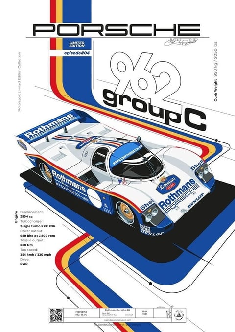The image is a stylized, illustrative poster featuring a Porsche 962 Group C race car as the central subject. The composition is dynamic, with the car depicted in a three-quarter front view, angled as if in motion on a stylized, graphic racetrack element that flows across the frame. The car is rendered with clean lines and flat color fills, showcasing its iconic Rothmans livery in white, blue, red, and gold. Above the car, the word "PORSCHE" is displayed in large, bold, black sans-serif font, with "962 group C" below it in a mix of outlined and filled typography. Additional text is integrated throughout: "Motorsport Limited Edition Collection" and "LIMITED EDITION episode#04" in the upper left; technical specifications ("Engine", "Displacement: 2994 cc", "Turbocharger: Single turbo KKK K36", etc.) in the lower left; and "Curb weight 930 kg / 2050 lbs" vertically on the right. Sponsor logos like Rothmans, Shell, Bosch, and Dunlop are visible on the car's body. The visual aesthetic is a blend of technical blueprint and graphic design, with a flat, illustrative rendering style using sharp edges and geometric shapes. The color palette is dominated by the livery's white, deep blue, and red, with gold accents, set against a clean white background with graphic black and colored track lines. Lighting is even and flat, emphasizing the graphic shapes rather than volumetric form. The mood is nostalgic, precise, and energetic, capturing the essence of motorsport design and technical achievement.