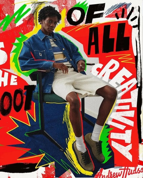 The image features a central subject, a young Black man seated in a black-framed chair with a green seat, positioned slightly off-center to the left. He wears a blue denim jacket over a horizontally striped shirt (with bands of yellow, white, and navy), light beige knee-length shorts, white crew socks, and brown suede shoes. His pose is relaxed, with hands resting on the armrests and legs apart, gazing directly at the viewer. The composition is dominated by a bold, mixed-media collage aesthetic that overlays the photographic subject with graphic, hand-drawn elements. Vibrant, abstract shapes—including jagged starbursts and squiggles in neon green, yellow, and red—surround and outline the figure, creating dynamic energy. The background is a textured, painterly mix of red, white, blue, and black brushstrokes, with areas of halftone dots and torn-paper edges. Visible text, rendered in thick, black, stencil-like or hand-painted sans-serif lettering, is integrated into the graphic layers: partial phrases include "OF ALL" at the top right, "THE ROOT" vertically on the left, and "CREATIVITY" diagonally ascending on the right, with "Andrew Hudson" signed in script at the bottom right. The text acts as a bold graphic element, anchoring the chaotic composition. The lighting on the subject is soft and frontal, highlighting his face and the textures of his clothing without harsh shadows, while the surrounding graphics use flat, saturated colors with high contrast. Textures range from the photographic realism of skin and fabric (denim weave, knit socks) to the rough, graphic quality of the hand-drawn marks, halftone patterns, and textured paper backgrounds. The shape language contrasts organic forms (the seated figure, hand-drawn squiggles) with geometric shapes (block letters, starbursts). The overall mood is energetic, urban, and creatively expressive, blending portraiture with street-art-inspired graphic design.