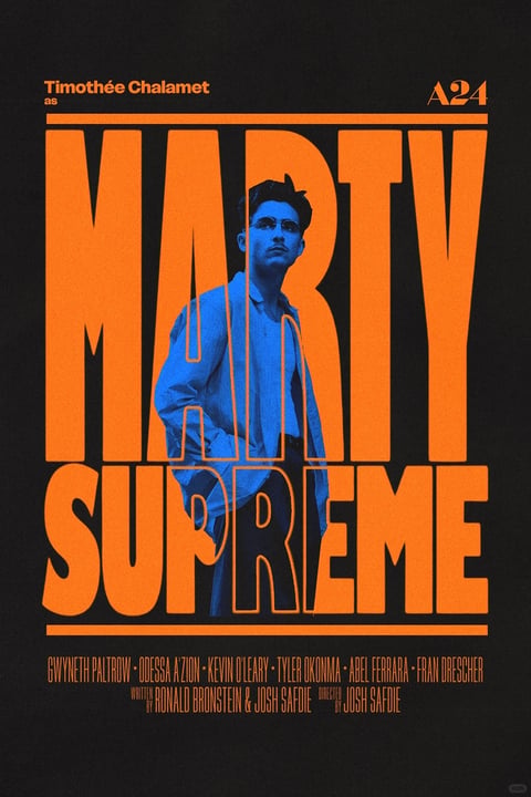 This is a stylized movie poster for a fictional film titled 'MARTY SUPREME' by A24. The central subject is actor Timothée Chalamet, depicted in a blue-toned, photorealistic portrait from the waist up, standing slightly off-center and gazing off-frame to the left with a contemplative expression. His image is integrated into the composition by being partially overlaid by and partially behind large, bold, orange typography. The background is a solid, deep black with a subtle, grainy texture. The dominant visual elements are the massive, sans-serif, condensed orange letters spelling 'MARTY' above 'SUPREME', which frame and interact with the figure. The visual aesthetic is graphic and high-contrast, reminiscent of a retro-modern thriller or character study poster, with a flat graphic quality in the text contrasting with the three-dimensional rendering of the figure. The color language is a stark, complementary palette of vibrant, warm orange and cool, desaturated blue against deep black, creating intense visual contrast and energy. The lighting on Chalamet is dramatic and directional, coming from the upper left, casting strong shadows and giving his face a sculpted, moody quality. Texture is present in the slight film grain over the entire image and the implied fabric of his casual button-down shirt and jacket. The composition is tightly framed and vertical, using the text as architectural elements to create depth and negative space. The shape language is a mix of organic, human forms and strong, geometric, vertical lines from the typography. The mood is intense, enigmatic, and slightly brooding, conveying a sense of cool, intellectual drama. Visible text includes: top left, 'Timothée Chalamet as'; top right, the 'A24' logo; the central title 'MARTY SUPREME'; and a credit block at the bottom listing co-stars (Gwyneth Paltrow, Odessa A'zion, etc.) and crew (Written by Ronald Bronstein & Josh Safdie, Directed by Josh Safdie). The focus is on the interplay between the central character portrait and the dominant, overlapping title typography.