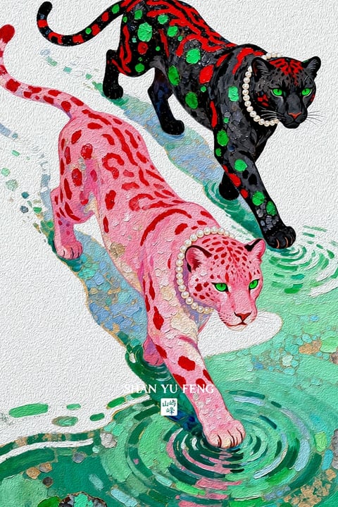 The image is a stylized, painterly illustration featuring two leopards wading through shallow, rippling water. The composition is dynamic, with the leopards moving diagonally from the upper left toward the lower right, their bodies angled to create a sense of forward motion. The leopard in the foreground is rendered in a vibrant pink base coat with bold, irregular red spots, while the leopard behind it has a black base coat with striking green and red spots; both wear delicate pearl necklaces. The water is depicted with expressive, textured brushstrokes in shades of turquoise, teal, and aquamarine, with concentric ripples emanating from where the animals' paws break the surface, and scattered, mosaic-like flecks of color suggesting light reflection or submerged pebbles. The visual aesthetic is highly textured and illustrative, mimicking thick impasto oil or acrylic painting with visible, rhythmic brushwork that gives a tactile, dimensional quality to the fur, water, and white background. The color language is bold and saturated, with high contrast between the vivid, non-naturalistic animal coats and the cool-toned water, creating a playful and fantastical mood. The lighting appears soft and diffused, coming from above, casting subtle shadows that define the musculature of the leopards and the contours of the water ripples without harsh edges. The shape language combines organic, flowing forms for the animals and water with a structured, almost geometric patterning in the spot details and water flecks. Near the bottom center, there is small, readable white text: "SUAN YU FENG" in a sans-serif font, with two Chinese characters (山屿峰) directly below it, acting as a signature or watermark integrated into the scene. The overall atmosphere is energetic, vibrant, and whimsical, blending a graphic, pop-art sensibility with traditional painterly texture.