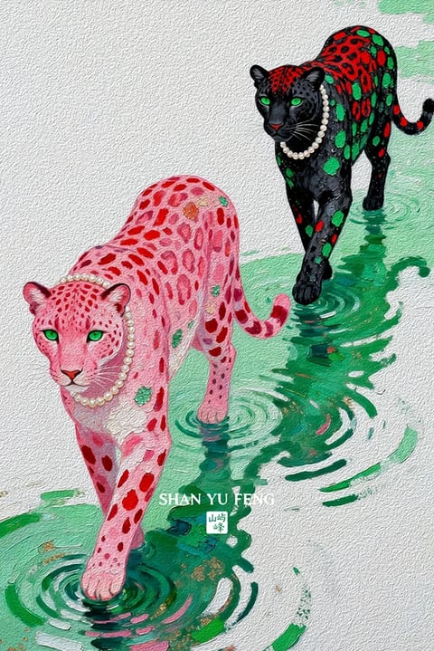 This image features a stylized, illustrative depiction of two leopards walking through shallow, rippling green water, viewed from a slightly elevated side angle. The main subject is the pair of leopards; the foreground leopard is pink with dark red spots and green eyes, wearing a pearl necklace, while the background leopard is black with red and green spots and also wears a pearl necklace. The composition places the pink leopard prominently in the lower left, stepping forward, creating a diagonal line towards the black leopard in the upper right. The scene has a textured, painterly aesthetic with visible brushstroke-like marks, particularly in the water and on the animals' fur, giving it a flat yet tactile quality. The color language is vibrant and non-naturalistic, dominated by the pink and black of the leopards against the stark white background and the vivid, emerald-green water. The water is rendered with swirling, concentric ripples in shades of green and teal, creating a sense of movement and depth. Lighting appears soft and diffuse, with no strong directional shadows, contributing to a flat, graphic feel. The mood is whimsical and surreal, blending the elegance of the leopards with the unexpected color palette and accessories. In the lower center, overlapping the pink leopard's legs and the water, there is white text reading "SHAN YU FENG" in a sans-serif font, with smaller Chinese characters (山屿峰) below it in a teal square, indicating the artist's signature or branding. The focus is evenly distributed across the two animals and the water ripples, with no specific area of shallow depth of field.