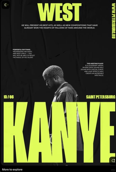 The image is a striking concert poster with a bold, graphic aesthetic, centered on a black-and-white profile photograph of Kanye West with short, bleached blonde hair, looking downward. The composition is dominated by massive, overlapping neon lime-green text that spells 'KANYE' across the bottom half and 'WEST' at the top, creating a high-contrast, layered effect against a dark, textured black background. Visible text includes 'HE WILL PRESENT HIS BEST HITS, AS WELL AS NEW COMPOSITIONS THAT HAVE ALREADY WON THE HEARTS OF MILLIONS OF FANS AROUND THE WORLD.' in white sans-serif at the top, 'POWERFUL RHYTHMS, MESMERIZING MELODIES AND DEEP LYRICS — YOU WILL NOT BE ABLE TO RESIST THE MAGIC OF HIS TALENT.' in smaller white text on the left, 'THE MEETING PLACE IS A LEGENDARY ARENA, WHERE EVERY SOUND WILL SOUND WITH SPECIAL FORCE, AND LIGHT EFFECTS WILL CREATE AN INCREDIBLE SPECTACLE.' on the right, '15 / 08' in neon lime-green at the bottom left, 'SAINT PETERSBURG' in neon lime-green at the bottom right, and the vertical URL 'WWW.PETERSBURG.RU' along the right edge. The visual aesthetic is a blend of photography and graphic design with a flat, poster-like rendering technique. The color language is high-contrast, featuring a dominant dark black background with saturated neon lime-green accents and crisp white text, creating a stark, modern palette. Lighting in the photographic element is soft and directional from above, highlighting the texture of the hair and the contours of the face, while the graphic text elements are uniformly lit with no gradient. Texture and material feel include the subtle grain and crumpled-paper texture of the dark background, the smooth digital finish of the neon text, and the detailed photographic texture of hair and fabric. Composition patterns use strong vertical and horizontal alignment, with the large text creating a frame around the central figure, and spatial depth is flattened by the overlapping text layers. Shape language is a mix of organic (the figure) and bold geometric (the blocky, heavy sans-serif letterforms). The mood and atmosphere are intense, dramatic, and anticipatory, with high visual weight from the massive typography and high contrast.