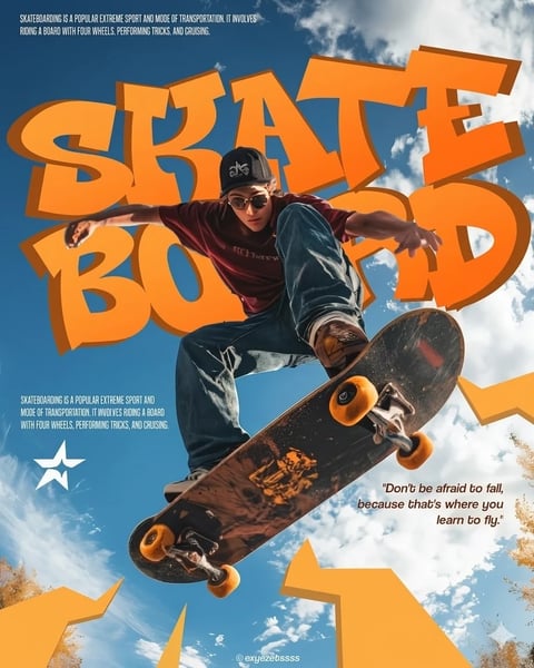 The image is a vibrant, dynamic digital collage with a photorealistic central subject set against an illustrative background, creating a high-energy, sporty mood. The main subject is a young man captured mid-air performing a skateboarding trick, his body angled diagonally across the frame with arms outstretched for balance, wearing a maroon t-shirt, blue jeans, sunglasses, and a black cap. He is rendered in sharp focus with high-contrast lighting that highlights the textures of his clothing and the worn, scratched surface of the black skateboard deck with orange wheels. The composition is layered and energetic, with the subject superimposed over large, stylized orange typography spelling "SKATEBOARD" in a bold, 3D block font that arcs behind him. The background is a bright blue sky with fluffy white clouds, and additional orange geometric shapes and star motifs frame the bottom and sides. The text is integral to the design: at the top, small white sans-serif text reads, "SKATEBOARDING IS A POPULAR EXTREME SPORT AND MODE OF TRANSPORTATION. IT INVOLVES RIDING A BOARD WITH FOUR WHEELS, PERFORMING TRICKS, AND CRUISING." The same text block repeats on the left side. A prominent white quote in a script-like font on the right states, "'Don't be afraid to fall, because that's where you learn to fly.'" A small white star logo appears on the left, and a copyright handle "@exyezabssss" is at the bottom center. The color palette is dominated by the vivid cyan of the sky and the saturated, warm orange of the typography and skateboard wheels, creating a strong complementary contrast. The lighting is bright and directional, casting clear shadows on the skater and board, enhancing their three-dimensional feel against the flatter, graphic background elements. The overall style blends photographic realism with bold graphic design, using sharp edges, layered depth, and a vibrant, high-saturation color scheme to convey motion, youth, and adrenaline.