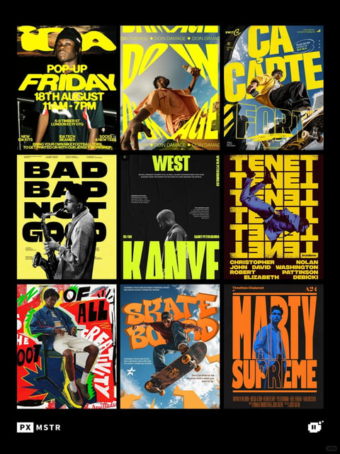 The image is a cohesive 3x3 grid showcasing nine distinct poster designs, all unified by a bold, high-contrast aesthetic that blends streetwear, music, and action sports culture. Each poster features a central photographic subject—often a person engaged in an activity like skateboarding, playing saxophone, or posing—overlaid with dominant, oversized typography that integrates tightly with the composition. The visual style is consistently graphic and energetic, employing flat, illustrative treatments of photographs combined with heavy, often distressed or textured typefaces. The color palette is striking and limited, relying on high-saturation contrasts like neon yellow against deep black, vibrant orange with dark blue, or red with teal, creating a punchy, urban feel. Lighting in the photographic elements is typically high-contrast and directional, emphasizing form and texture with hard shadows. Text is a primary compositional element in every poster; it appears in bold, sans-serif or custom display fonts, often in English, arranged in stacked, overlapping, or warped layouts that guide the eye and form the visual backbone. Examples include "POP-UP FRIDAY," "BAD BAD NOT GOOD," "TENET," and "MARTY SUPREME." The composition of each poster uses dynamic framing and layered depth, with text often acting as both graphic shape and informational layer. The shape language is a mix of organic human forms and strong geometric type, with sharp edges and intentional rough textures giving a tactile, printed-poster feel. The overall mood is confident, youthful, and vibrantly loud, evoking the energy of urban youth culture and graphic design.
