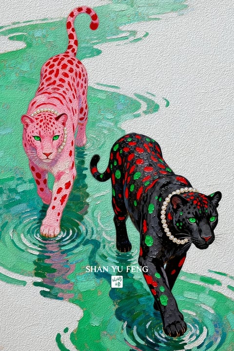 This image is a vertically oriented, painterly artwork featuring two stylized leopards wading through shallow, turquoise-green water against a textured, off-white background. The composition is dynamic, with one leopard positioned higher and to the left, walking toward the viewer, and the other positioned lower and to the right, moving diagonally away. The upper leopard is rendered in a vibrant, unnatural pink with darker red rosette markings and bright green eyes, wearing a simple pearl necklace. Its reflection is visible in the rippling water below. The lower leopard is black with vivid red and green rosettes and piercing green eyes, also adorned with a pearl necklace. The water is depicted with visible, textured brushstrokes in shades of teal, aqua, and white, creating concentric ripples around the animals' paws. The overall visual aesthetic is illustrative and highly textured, resembling an impasto oil or acrylic painting with thick, tactile application of paint. The color language is defined by high-saturation, unnatural hues—hot pink, scarlet, emerald green—against the cool, aquatic tones of the water and the neutral background, creating strong chromatic contrast. Lighting appears diffuse and even, with no harsh shadows, suggesting a soft, ambient source that highlights the textured paint surface. The texture is pronounced throughout, from the coarse, granular quality of the background to the layered, directional strokes defining the fur and water, giving the piece a rich, tactile material feel. The composition uses diagonal lines created by the leopards' bodies to guide the eye, with the negative space of the background balancing the dense, colorful subjects. Shape language is organic and flowing, with curvilinear forms dominating the animals and water ripples, contrasted by the soft, irregular texture of the painted surface. The mood is surreal and vibrant, with an energetic yet enigmatic atmosphere conveyed through the fantastical color palette and the leopards' direct, intense gazes. Centered in the lower-middle portion of the image is visible text in white serif font reading 'SHAN YU FENG', with smaller Chinese characters '山屿峰' directly below it, serving as an artist signature or watermark integrated into the composition.