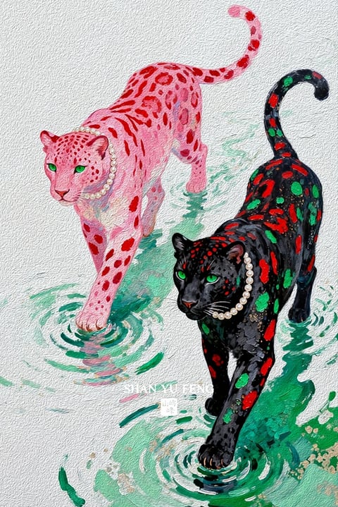 The image features a stylized, painterly composition of two leopards wading through shallow, rippling water. The scene is centered on the two animals, positioned diagonally from the upper left to the lower right, creating a dynamic sense of movement. The leopard in the background is rendered in a vibrant, saturated pink base with darker red rosette spots, while the foreground leopard is black with a pattern of large red and green spots. Both animals wear ornate pearl necklaces and have striking, luminous green eyes. The water is depicted with broad, textured brushstrokes in shades of teal and green, with concentric ripples emanating from the leopards' paws. The overall aesthetic is illustrative and expressive, with a strong emphasis on texture; the background has a rough, stucco-like surface quality, while the leopards' fur and the water are rendered with thick, impasto-like strokes. The color palette is bold and high-contrast, pairing the vivid pink and black animals against the cool-toned water. Lighting appears soft and diffuse, coming from no specific direction, which flattens the forms slightly and enhances the graphic quality. The composition uses a shallow depth of field, with the animals sharply defined against the textured but less detailed background. The shape language is organic, defined by the fluid lines of the leopards' bodies and the circular water ripples. The mood is whimsical yet elegant, combining exotic wildlife with decorative, almost surreal elements. At the bottom center, there is visible text: 'SHAN YU FENG' in a clean, uppercase sans-serif font, accompanied by a smaller red seal stamp with indistinct characters to its right, indicating the artist's signature or brand.
