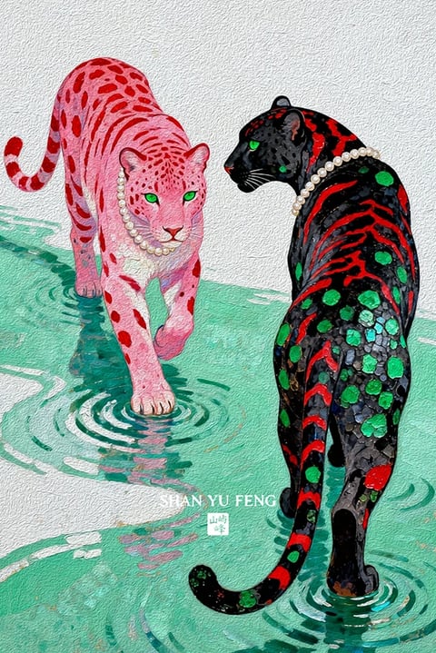 The image is a stylized, illustrative painting depicting two leopards standing in shallow, turquoise water against a textured off-white background. The composition features a pink leopard with red spots and stripes facing forward on the left, and a black leopard with red stripes and green spots shown from the back on the right, creating a symmetrical yet contrasting pair. Both animals wear white pearl necklaces and have vivid green eyes. The rendering technique is painterly with visible brushstrokes and a textured, almost mosaic-like quality, especially in the black leopard's patterned fur. The color language is bold and high-saturation, dominated by the vibrant pink and deep black of the leopards, complemented by the cool turquoise water and accented with bright red and green details, creating strong visual contrast. Lighting appears even and frontal, illuminating the subjects clearly without harsh shadows, contributing to a flat, decorative mood. Texture is emphasized through the impasto-like application of paint, giving the water a rippled, tactile feel and the fur a layered, patterned surface. The composition is centered and balanced, with the water creating a horizontal plane that grounds the figures. Shape language combines the organic, fluid curves of the leopards' bodies with the graphic, repetitive patterns of their spots and stripes. The overall mood is surreal, whimsical, and slightly theatrical, evoking a sense of playful elegance through the unexpected color palette and adorned subjects. Visible text includes the white, uppercase sans-serif words 'SHAN YU FENG' placed horizontally in the lower center, with a smaller white square containing Chinese characters (山屿峰) directly below it, serving as a signature or branding element.