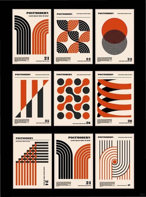 The image displays a 3x3 grid of nine vertical poster designs, each presenting a distinct abstract geometric composition against a warm, off-white background. The overall aesthetic is flat and illustrative, evoking a postmodern graphic design style with strong Swiss International Style and Op Art influences. The color language is strictly limited to a high-contrast, duotone palette of deep black and a saturated, warm burnt orange, creating a bold and energetic visual impact. There is no traditional lighting or depth; instead, visual interest is generated through intricate pattern, shape, and line work. Text appears consistently on each poster: the word 'POSTMODERN' is typeset in a bold, sans-serif font at the top, accompanied by the placeholder 'Lorem ipsum dolor sit amet' in a smaller weight, and a numerical identifier (21, 22, 23, 25, 26, 28, 24, 27) in the bottom corner, all playing a secondary, structural role to the primary abstract art. The composition of each poster is tightly framed and centered, focusing entirely on the interaction of forms. The shape language is predominantly geometric, featuring a mix of clean lines, arches, circles, stripes, and bars with crisp, hard edges, though some designs incorporate softer, biomorphic curves. The mood is dynamic, structured, and intellectually playful, conveying a sense of modernist order and graphic experimentation.