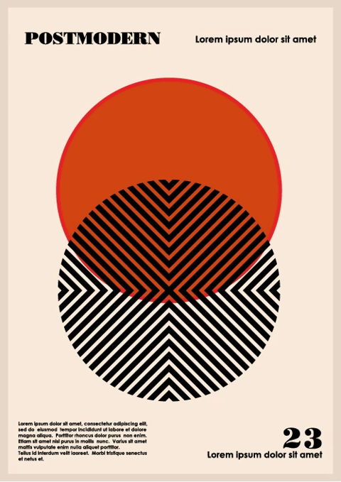 The image is a postmodern graphic design poster featuring a central composition of overlapping geometric shapes against a solid, pale cream background. The primary visual elements are three large, perfectly circular forms arranged vertically: a solid, matte orange circle at the top, which partially overlaps a middle circle composed of dense, black diagonal stripes converging into a central 'X' pattern, and a bottom circle featuring a contrasting pattern of concentric, angular black and white chevrons radiating from the center. The overall aesthetic is flat and illustrative, with crisp edges and no gradients or shading, emphasizing bold graphic contrast. The color language is limited and high-contrast, dominated by the warm, saturated orange, stark black, and bright white, set against the neutral cream backdrop, creating a striking visual hierarchy. The lighting is uniform and non-directional, characteristic of flat design, with no shadows or highlights to imply depth or volume, contributing to a clean, graphic mood. Texture is minimal, rendered as smooth, solid color fields and sharp, clean lines, giving a crisp, paper-like tactile impression. The composition is centrally weighted and symmetrical, using overlapping forms to create a simple, layered spatial arrangement on a two-dimensional plane. The shape language is strictly geometric, with perfect circles and precise, straight lines forming the striped patterns; all edges are razor-sharp. The text elements are integrated as part of the graphic layout. At the top left, the word 'POSTMODERN' is set in a bold, black, sans-serif font. At the top right, the placeholder text 'Lorem ipsum dolor sit amet' appears in a smaller, similar sans-serif font. In the bottom left, a block of smaller placeholder 'Lorem ipsum...' text is present. In the bottom right, the large number '23' is displayed in a bold, stylized font, with the phrase 'Lorem ipsum dolor sit amet' below it. The text functions as graphic placeholders, balancing the layout and reinforcing the design-focused, poster format. The overall mood is bold, contemporary, and conceptually clean, with a high-energy visual rhythm created by the contrasting patterns and strong color blocks.