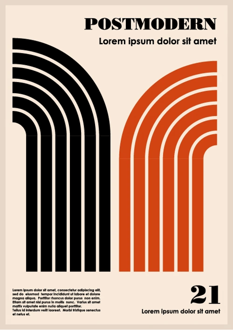This is a poster featuring a bold, graphic postmodern design. The composition is dominated by two large, stylized archway structures rendered in thick, parallel stripes. On the left, an arch composed of five concentric black stripes curves upwards and then downwards, its vertical lines extending to the bottom of the frame. On the right, a mirror-image arch rendered in a vibrant burnt orange or terracotta color follows the same pattern, its stripes curving in the opposite direction. The background is a flat, solid cream or light beige color. At the top of the poster, the word "POSTMODERN" is displayed in a large, bold, black serif typeface. Directly beneath it, in a smaller, sans-serif font, is the placeholder text "Lorem ipsum dolor sit amet." At the bottom right, the number "21" is prominently displayed in a large, black serif font, with the same placeholder text repeated below it in a smaller size. A block of smaller placeholder text occupies the bottom left corner. The visual aesthetic is flat, illustrative, and highly graphic, with a strong emphasis on geometric shapes, clean lines, and high contrast. The color palette is limited and striking, featuring a high-contrast combination of black, burnt orange, and cream, with no gradients or shading. The lighting is non-directional and flat, consistent with a graphic design approach. The texture is completely smooth and digital, with no visible grain or material surface. The composition is symmetrical yet dynamic, using the opposing curves of the arches to create visual tension and movement. The shape language is entirely geometric, characterized by precise parallel lines, uniform stroke weights, and sharp, clean edges. The overall mood is bold, energetic, and reminiscent of 1970s graphic design or retro-modernist aesthetics.
