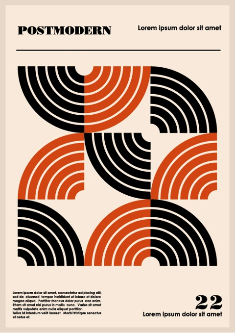 The image is a flat, illustrative poster with a postmodern aesthetic, featuring a central geometric pattern composed of repeating semi-circular arcs arranged in a grid-like, interlocking composition. The dominant visual elements are bold, concentric semi-circles in a high-contrast palette of black and a saturated, warm burnt orange against a muted beige background, creating a dynamic, op-art effect with strong visual rhythm and flat, graphic depth. The text includes the bold, capitalized sans-serif word "POSTMODERN" in black at the top left, the placeholder "Lorem ipsum dolor sit amet" in smaller black sans-serif font at the top right, a block of smaller placeholder text in the bottom left corner, and the large numeral "22" with accompanying placeholder text in the bottom right, all serving as typographic elements within the design layout. The color language is defined by the high-saturation burnt orange and deep black against the neutral beige, creating a warm, retro, and graphic contrast. The lighting is entirely flat and illustrative, with no directional light or shadows, emphasizing the graphic nature of the design. Texture and material feel are minimal, presenting a smooth, digital flat vector quality with no tactile surface detail. The composition is structured and symmetrical within the central graphic, framed by the textual elements, with a shallow depth treatment that emphasizes the two-dimensional pattern. The shape language is strictly geometric, relying on clean, precise lines, sharp edges, and the repetition of curved arcs to form the overall pattern. The mood and atmosphere are energetic, retro-modern, and visually striking, conveying a sense of ordered complexity and graphic boldness.
