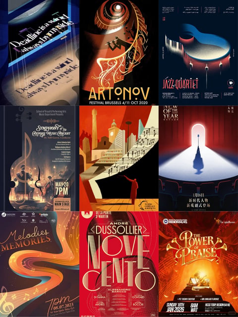 This image is a 3x3 grid of nine distinct, vertically oriented poster designs, each centered around music, performance, or cultural events, unified by a bold, illustrative art style. The overall composition is a structured collage where each panel functions as an independent visual narrative, yet they share a common emphasis on dramatic lighting, stylized typography, and symbolic imagery related to music. The primary visual elements include abstracted musical instruments (pianos, guitars, violins), silhouettes of performers, architectural motifs, and flowing musical notation, all rendered with a mix of flat graphic design and subtle painterly textures. Visible text appears on every poster, primarily in English, with some instances of French, Arabic, and Chinese characters. For example, the top-left panel reads 'Deadline is a wind always by my side' in elegant white script against a dark, reflective background; the top-center features 'ARTONOV FESTIVAL BRUSSELS 4/11 OCT 2020' in bold sans-serif font; the bottom-right displays 'THE POWER OF PRAISE' in ornate golden lettering. Text serves both informational (dates, event names) and decorative roles, often integrated into the visual design as part of the composition. The visual aesthetic across the grid is predominantly graphic and illustrative, blending flat vector-like shapes with textured overlays and dramatic gradient backgrounds. Color language varies per panel but tends toward high-contrast palettes: deep blues and blacks offset by vibrant accents like crimson, gold, and teal, or warm amber tones contrasting with cool shadows. Lighting approaches are highly stylized, often employing strong directional light sources—such as stage spotlights, glowing instrument interiors, or radiant halos—to create focal points and dramatic depth. Texture and material feel range from smooth, glossy surfaces (like polished piano keys or vinyl records) to grainy, paper-like overlays and soft, diffused light effects. Composition patterns favor centered, symmetrical arrangements or dynamic diagonal lines that guide the eye, with depth often suggested through layered elements and perspective distortion. Shape language combines organic curves (from instrument bodies and flowing notes) with sharp geometric forms (buildings, piano keys, typographic elements), creating visual tension. The overall mood and atmosphere across the grid is one of sophisticated energy and theatrical grandeur, evoking the excitement and elegance of live performance, with each poster balancing bold graphic impact and nuanced emotional tone.