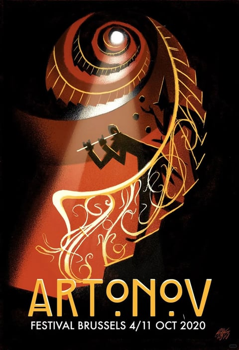 The image is a stylized, illustrative poster featuring a surreal, vertical composition dominated by a central, elongated, reddish-brown form resembling a distorted musical instrument or abstract sculpture, spiraling upwards against a deep black background. At the top, a concentric, spiraling structure with a bright white central light source creates a focal point, rendered with fine gold lines and textured shading that suggests metallic or carved wood surfaces. Within the mid-section, a stark black silhouette of a conductor with a baton emerges, surrounded by abstract, dotted musical notes. Swirling, ornate gold filigree patterns flow along the lower right edge, adding decorative detail. The visual aesthetic is graphic and painterly, with a limited color palette of deep burnt orange, rich brown, black, and luminous gold, creating high contrast and a warm, dramatic color temperature. Lighting appears to emanate from the top spiral, casting strong, directional highlights and deep shadows, giving the forms a three-dimensional, volumetric feel despite the flat illustrative style. Text is prominently placed at the bottom in bold, geometric gold sans-serif capitals reading 'ARTONOV', followed by smaller white text: 'FESTIVAL BRUSSELS 4/11 OCT 2020', anchoring the design as event promotional material. The composition uses vertical framing and layered depth through overlapping shapes and light gradients, with organic, flowing lines contrasting against hard geometric edges in the typography. The overall mood is theatrical, sophisticated, and slightly mysterious, evoking a sense of artistic performance and modernist elegance.