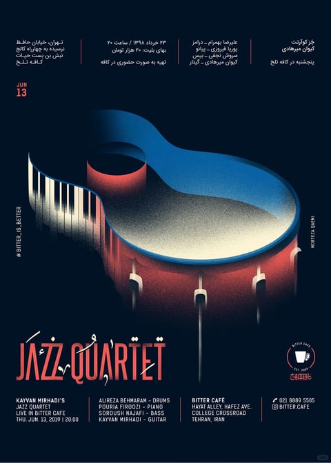 The image is a promotional poster for a jazz quartet concert, featuring a central, stylized illustration of a grand piano that merges with a drum. The piano is rendered in a minimalist, illustrative style with clean lines and a textured, grainy surface. Its body is a deep, warm red, while the lid is a vibrant, cool blue, creating a striking contrast. The piano keys are depicted as vertical white and black rectangles along the left edge, with a soft, glowing white light emanating from beneath them, casting subtle shadows. The drum, integrated into the piano's base, has a dark, textured head and three light-colored mallets resting vertically against its red body. The background is a solid, deep navy blue, providing a stark, clean backdrop that emphasizes the central graphic. Prominent text appears in multiple languages: large, bold, red and white stylized text reading 'JAZZ QUARTET' dominates the lower portion, with the letters having a textured, slightly distressed appearance. Above this, in the upper section, there are blocks of text in Persian script, providing event details such as location, date, and performers. Smaller English text is placed vertically along the left ('# BITTER_IS_BETTER') and right ('MORTEZA QAEVI') edges, and horizontally at the bottom listing performers (e.g., 'KAYVAN MIRHADI'S JAZZ QUARTET', 'ALIREZA BEHMARAM - DRUMS') and venue information ('BITTER CAFÉ', 'HAYAT ALLEY, HAFEZ AVE.'). The lighting is dramatic and focused, with a strong highlight on the piano's curved edge and a soft glow around the keys, creating a sense of depth and spotlight. The overall mood is sophisticated, modern, and energetic, blending musical themes with a sleek, graphic design aesthetic. The composition is centered and balanced, with the piano graphic drawing the eye inward, while the text is organized in clear, hierarchical blocks. The visual style is flat and illustrative with a tactile, grainy texture, using a limited color palette of red, blue, white, and black against the dark background to achieve high contrast and visual impact.