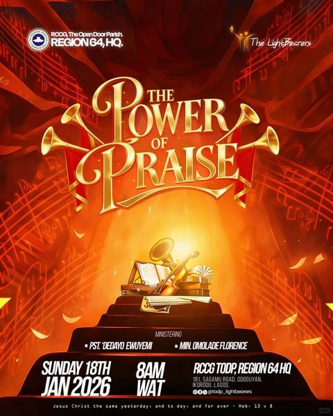 This is a visually rich and dramatic promotional poster for a Christian musical event titled 'THE POWER OF PRAISE.' The composition is vertically oriented and symmetrical, centered around the ornate, golden typography of the event title, which is flanked by two golden trumpets and set against a backdrop of flowing, deep red and amber ribbons or curtains. The main scene features a multi-tiered, dark pedestal or altar-like structure upon which rests an open Bible, a violin, a golden horn, and sheets of musical notation, all illuminated by a radiant, warm light from above. The overall art style is a high-quality 3D digital render with a photorealistic yet painterly quality, emphasizing luxurious materials. The color language is dominated by a warm, fiery palette of deep crimson, burnt orange, and radiant gold, with high saturation and strong contrast between the luminous central elements and the darker peripheral areas. Lighting is directional from above, creating a divine, spotlight effect with soft gradients and pronounced highlights on the metallic and textual surfaces. Texture and material feel are emphasized through the glossy sheen of the gold, the matte finish of the pedestal, the delicate paper of the sheet music, and the soft fabric-like flow of the background drapes. The shape language blends organic, flowing curves in the background and typography with the geometric, structural lines of the pedestal. The mood and atmosphere are one of sacred celebration, grandeur, and spiritual energy, conveyed through the radiant lighting, opulent materials, and central religious symbolism. Visible text includes the event title 'THE POWER OF PRAISE' in a large, decorative serif font; church and ministry details like 'RCCG The Open Door Parish REGION 64, HQ' and 'The LightBbearers' at the top; minister names 'PST. DEOAYO EWUYEMI' and 'MIN. OMOLADE FLORENCE'; the date and time 'SUNDAY 18TH JAN 2026' and '8AM WAT'; the venue 'RCCG TODP, REGION 64 HQ' with an address in Lagos; social media handle '@todp_lightbearers'; and a scripture reference 'Jesus Christ the same yesterday, and to day, and for ever - Heb. 13 v 8' at the bottom. The focus is clearly on the central pedestal arrangement of religious and musical symbols, which is rendered with the highest detail and luminosity to draw the viewer's eye.