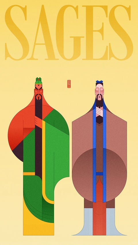 This is a stylized, illustrative poster with a flat, geometric aesthetic, featuring two abstract figures representing sages or historical figures against a soft, pale yellow background. The composition is symmetrical and vertical, with the two figures standing side-by-side, their forms constructed from clean lines and bold, intersecting geometric shapes like circles, rectangles, and curves. The figure on the left is characterized by a vibrant palette of red, green, and yellow, with a long, dark beard and a green headdress, while the figure on the right wears muted brown and blue robes with a simpler, elongated face and a blue headdress. The visual style is minimalist and graphic, with sharp edges and a complete absence of gradients or realistic shading, emphasizing flat color blocks. The dominant color palette is a mix of saturated primary and secondary colors (red, green, blue, yellow) contrasted against earthy tones (brown, mauve) and the pale background, creating a high-contrast, poster-like feel. There is no directional lighting; instead, the image relies on flat color application with no cast shadows, contributing to its graphic, non-photorealistic quality. Textures are minimal and implied through color blocks rather than rendered surface details, giving the image a smooth, vector-art impression. The composition is tightly framed with the figures centered, leaving balanced negative space around them. The shape language is predominantly geometric and abstract, reducing human forms to their most essential structural elements with consistent, medium-weight outlines. At the top, the large, serif word 'SAGES' is rendered in a slightly darker shade of yellow than the background, acting as a title. Between the figures, a small red vertical rectangle contains two small white characters, appearing to be East Asian script. The overall mood is contemplative, structured, and reverent, with a balanced, harmonious energy conveyed through the symmetrical arrangement and clean graphic design.