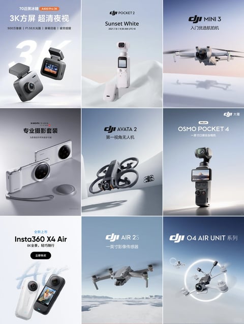 This image is a 3x3 grid collage of product promotional visuals, each showcasing a different portable camera or drone device. The overall visual aesthetic is clean, modern, and photorealistic, with a consistent high-end, commercial rendering style that emphasizes sleek product design against minimalist, softly lit backgrounds. The color language is predominantly cool and desaturated, featuring gradients of pale blue, light gray, and white, with product accents in black, white, and metallic silver; the saturation is low to moderate, and contrast is balanced to highlight product contours without harshness. Lighting is consistently soft and diffused, appearing to come from a frontal or overhead direction, creating gentle shadows that give the products dimensionality without dramatic contrast, conveying a premium, approachable mood. Textures and materials are rendered with precise detail: matte and glossy plastic surfaces, brushed metal, and glass lenses are clearly distinguishable, giving a tactile sense of modern, durable build quality. Composition patterns are uniform across the grid—each panel centers the product against an open, often gradient or subtly textured background, with ample negative space to draw focus to the device; spatial arrangement is straightforward, with products angled to show key features, and depth is suggested through soft background gradients rather than complex scene elements. Shape language blends organic curves of device bodies and camera lenses with the geometric precision of buttons, screens, and drone frames, with clean, defined edges. The overall mood and atmosphere is professional, innovative, and serene, with a low-energy, focused tone that highlights technological sophistication and usability. Visible text appears in both English and Chinese across the panels, including product names like 'DJI POCKET 2', 'DJI MINI 3', 'Insta360 X4 Air', and descriptive phrases such as '3K方屏 超清夜视' (3K square screen, ultra-clear night vision), '专业摄影套装' (professional photography kit), and '入门优选航拍机' (entry-level choice for aerial photography); this text is typically placed near the product in clean, sans-serif fonts, serving to identify models and highlight key features, reinforcing the promotional intent. No specific focus guidance is provided, so all panels are described with equal detail.