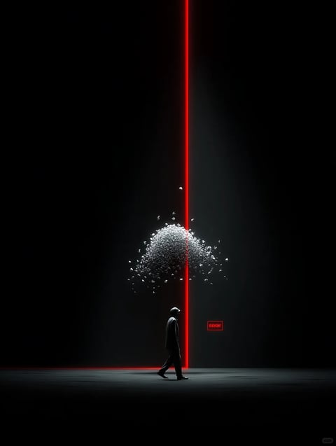 This is a highly stylized, cinematic digital artwork with a dark, moody aesthetic. The composition features a solitary, silhouetted figure in a long coat walking from left to right across a dark, empty floor. Dominating the scene is a stark, vertical beam of intense, glowing red light that slices through the center of the frame from top to bottom, meeting a thin red line on the floor. Positioned behind this beam, centered in the upper half of the image, is a chaotic, explosive cluster of what appears to be hundreds of small, white, reflective particles or shattered fragments, resembling a burst of glass, ice, or digital data. The overall color palette is extremely limited and high-contrast, defined by deep, velvety blacks, the brilliant, saturated red of the light beam, and the cool, silvery-white highlights of the floating particles. The lighting is dramatic and directional, emanating solely from the red beam, which casts the figure into a sharp silhouette and creates subtle rim lighting on the ground. The rendering style is photorealistic in its treatment of light and material, particularly the glossy, sharp quality of the scattered fragments, yet the scene itself is abstract and conceptual. There is no obvious readable text in the image, aside from a small, indistinct red rectangular outline containing what might be abstract symbols or characters, positioned to the right of the figure near the beam. The mood is one of isolation, tension, and futuristic mystery, with a heavy visual weight concentrated on the central vertical axis and the contrasting burst of activity behind the calm, walking figure.