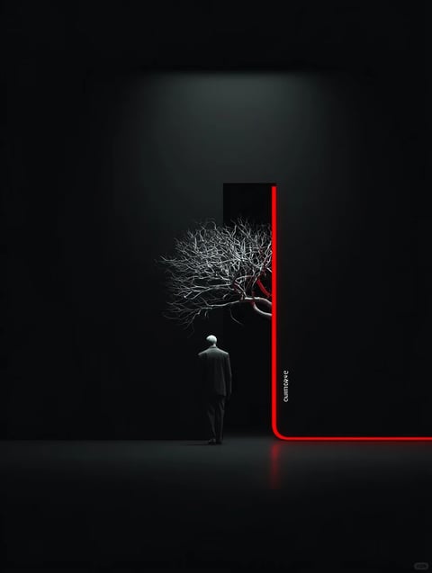 The image presents a highly photorealistic, digitally rendered scene with a stark, minimalist composition. The dominant visual elements are a solitary, bald male figure in a dark suit, viewed from behind, standing in a vast, empty, dark space. This figure faces a large, abstract, white, tree-like structure composed of intricate, bare branches, which emerges from a black rectangular form outlined by a thin, vibrant red line on the right side and bottom. The overall aesthetic is one of high contrast and surreal, cinematic drama. The color palette is severely restricted to deep blacks, pure whites, and a single accent of saturated red, creating a monochromatic scene with a powerful focal point. The lighting is directional and dramatic, appearing to emanate from an unseen source above and slightly behind the viewer, casting a soft, diffused glow on the white tree structure and the figure's shoulders and head, while leaving the majority of the scene in deep shadow. The textures are smooth and rendered with a sleek, digital finish; the suit fabric appears matte, the tree branches look like polished, luminous material, and the floor has a subtle, reflective quality. Compositionally, the image uses a central, asymmetrical balance with significant negative space, framing the figure and the tree against the void, and creating a sense of depth through the placement of the figure in the foreground and the tree structure in the mid-ground. The shape language contrasts the organic, chaotic, and intricate lines of the tree branches with the rigid, geometric forms of the black rectangle and its red outline. Visible text appears vertically along the right edge of the red-outlined rectangle, reading 'amavane' in a clean, lowercase, sans-serif font, likely a watermark or artist signature, playing a minor role in the overall composition. The mood is introspective, mysterious, and slightly unsettling, with a high visual weight concentrated on the illuminated elements against the oppressive darkness.