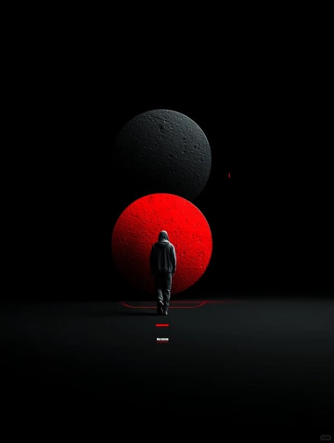 The image presents a stark, minimalist 3D composition dominated by a vertical stack of two large spheres set against a deep black void, with a solitary human figure walking toward them. The primary subject is this lone, hooded figure in dark, casual clothing, seen from behind in a low-angle shot, walking away from the viewer on a flat, dark plane towards the glowing spheres. The scene is defined by extreme contrast and a limited color palette; the lower sphere is a vibrant, saturated red with a textured, cratered surface resembling a planet or moon, casting a strong red glow, while the upper sphere is a desaturated, dark grey with a similar rough, pitted texture, appearing as a shadowed celestial body. The composition is symmetrical and vertical, creating a sense of monumental scale and dramatic depth, with the figure serving as a small anchor point against the large geometric forms. There is no readable text within the main image; a small, indistinct red mark appears to the right of the upper sphere, and tiny, illegible white text is present near the bottom center, but no clear words are discernible. The lighting is dramatic and directional, primarily emanating from the red sphere, casting a soft, warm red rim light and long shadows, emphasizing the textures and creating a mood of isolation, mystery, and sci-fi awe. The materials are rendered with a photorealistic 3D quality, focusing on the tactile contrast between the rough, rocky surfaces of the spheres and the smoother fabric of the figure's clothing. The shape language is dominated by perfect geometric spheres against the organic silhouette of the human form, with clean edges and no extraneous detail.