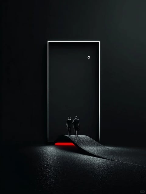 This is a dark, minimalist, and surrealist digital artwork depicting a monolithic scene. The central subject consists of two small, silhouetted human figures standing side-by-side on a raised, textured pathway that appears to be a sheet of the ground peeling upwards. They face a towering, rectangular frame outlined in a sharp, glowing white light against a vast, near-black background, with a single small white circle floating inside the frame's upper right quadrant. A vibrant red glow emanates from beneath the lifted pathway, casting a stark underlight on its underside and the immediate ground. The composition is starkly symmetrical and vertically oriented, emphasizing the immense scale of the glowing frame relative to the figures, creating a sense of depth and isolation. There is no obvious text present in the image. The visual aesthetic is photorealistic in its rendering of textures and light, yet the scene is conceptually abstract and symbolic. The color palette is dominated by deep blacks and charcoal grays, punctuated only by the high-contrast white outline and the single, intense slash of saturated red, creating a high-contrast, low-key image with a cool color temperature, save for the warm red accent. The lighting is dramatic and artificial, with the primary light sources being the glowing frame and the concealed red underglow, which combine to sculpt the scene with hard edges and deep, enveloping shadows. The texture is highly detailed: the ground has a fine, granular, asphalt-like roughness, while the figures are smooth, dark silhouettes. The shape language is a study in contrasts, pitting the perfect, geometric rectilinearity of the glowing frame and the sharp curl of the pathway against the organic, smaller forms of the human figures. The overall mood is mysterious, contemplative, and slightly ominous, with a heavy visual weight and a silent, expectant atmosphere.