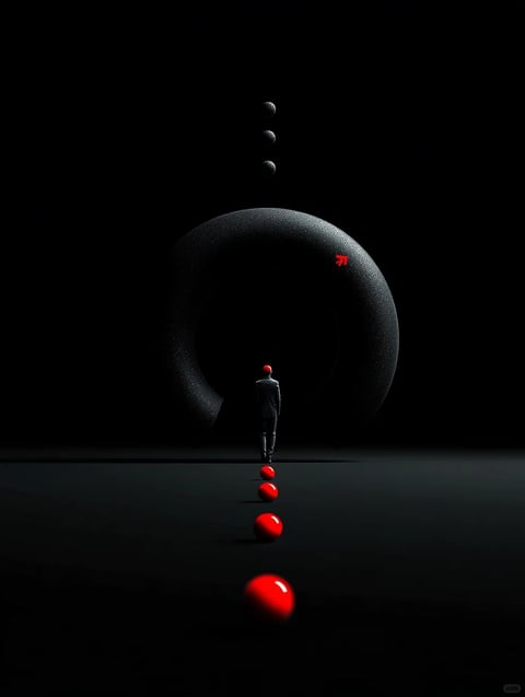 This is a surreal, photorealistic 3D rendered scene with a minimalist, high-contrast aesthetic, dominated by a stark black background. The composition features a central, monolithic, textured black arch or partial ring structure, behind which stands a small, silhouetted figure in a dark suit with a bright red spherical head. A series of glossy red spheres, decreasing in size with perspective, form a path from the foreground towards the figure, leading the eye into the scene. Above the arch, three smaller, textured grey spheres are aligned vertically. The image is almost entirely monochromatic, utilizing a palette of deep blacks, charcoal greys, and highly saturated, vivid red for the spheres and a small, angular red symbol on the upper right of the arch. The lighting is dramatic and directional, seemingly originating from the front-left, casting soft shadows and creating sharp specular highlights on the glossy red spheres while revealing the gritty, granular texture of the black arch and the rough surface of the grey spheres. The atmosphere is mysterious, ominous, and contemplative, with a strong sense of depth created by the receding path of spheres and the scale contrast between the tiny figure and the massive architectural form. There is no obvious readable text; the only graphic element is the small, abstract red chevron or arrow-like symbol on the arch.