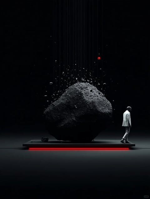 The image presents a highly stylized, photorealistic 3D render featuring a colossal, dark gray, roughly spherical rock suspended in a pitch-black void, its surface deeply textured with a granular, almost metallic quality, suggesting a meteorite or raw mineral. Thin, taut vertical lines descend from the darkness above, attached to the rock and surrounding smaller floating fragments, creating a sense of controlled suspension or extraction, while a single small, glowing red cube dangles among the debris. A stark, geometric black platform with a glowing red edge light anchors the scene, where a solitary figure in a pristine white suit walks toward the right, their back to the viewer, providing scale and a human element against the monumental, abstract subject. The lighting is dramatic and high-contrast, with a sharp, directional key light from the upper left casting hard shadows and highlighting the rock's rough texture and the figure's smooth suit, emphasizing a mood of isolated contemplation, technological precision, and surreal minimalism. There is no obvious readable text in the image.