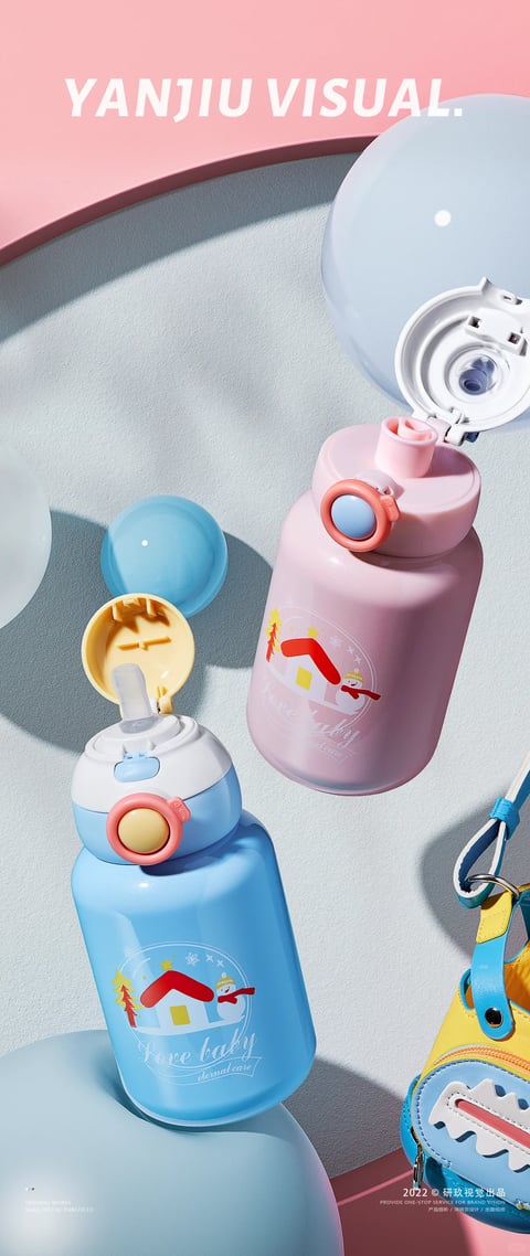 The image is a vibrant, stylized product photography composition featuring two children's water bottles as the central subjects, set against a soft, pastel-toned background with abstract spherical forms. The scene is arranged with a playful, dynamic perspective, showcasing the bottles in a mid-air, floating arrangement alongside a portion of a colorful, crocodile-shaped children's bag in the lower right. The composition emphasizes smooth, rounded geometric shapes and a clean, minimalist aesthetic. Visible text includes 'YANJIU VISUAL.' in large, bold, white sans-serif capital letters across the top pink band, serving as a brand or studio identifier. Smaller text on the bottom right reads '2022 © 研玖视觉出品' and 'PROVIDE ONE-STOP SERVICE FOR BRAND VISION' in white, along with 'ORIGINAL WORKS SHALL NOT BE EMBEZZLED' in the bottom left corner, functioning as copyright and credit information. The bottles themselves feature a 'Love baby' script logo with 'eternal care' beneath it, integrated into a circular graphic of a house, snowman, and stars. The focus is on the bottles: they have a cylindrical, stout form with rounded bases, made of a smooth, matte-finish plastic. The construction includes integrated flip-top lids with contrasting color accents—the blue bottle has a pink-rimmed button and yellow cap interior, while the pink bottle has a blue-rimmed button and white lid interior. Functional cues are evident in the push-button release mechanisms and the articulated, hinged lids designed for one-handed operation. The color palette is dominated by soft pastels—baby blue, blush pink, pale yellow, and mint—with vibrant accents of red and deeper blue. The style is contemporary, playful, and commercial, with a clean, studio-lit feel that highlights the product's form and child-friendly design, implying a context of everyday use by young children.