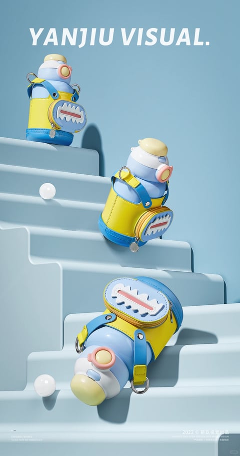 The image presents a stylized, minimalist product visualization featuring three identical baby bottles, each encased in a playful, animal-themed carrier, arranged in a descending diagonal line on a light blue, stepped geometric structure against a matching solid blue background. The bottles have a rounded, ergonomic silhouette with a white body, a pale yellow screw-on cap, and a soft pink ring around the base of the nipple area. Each bottle is secured within a carrier made of smooth, matte-finish materials, primarily in vibrant yellow and sky blue. The carrier's design is the focal point, featuring a prominent, circular zippered pouch on the front decorated with a stylized, jagged-tooth 'shark mouth' appliqué in white, light blue, and pink. The carriers are constructed with visible stitching, metal D-rings for strap attachment, and yellow straps with blue accents and silver snap fasteners. Small, white spherical objects are placed on the steps near the bottles, providing a sense of scale. At the top of the image, large, white, sans-serif text reads 'YANJIU VISUAL.' In the bottom right corner, smaller white text indicates '2022 © 研致视觉出品' along with additional service description text in a smaller font. The lighting is soft and even, creating subtle shadows that emphasize the three-dimensional forms and clean, graphic quality of the scene, which is characteristic of a high-quality 3D render or product photography for a child's accessory.