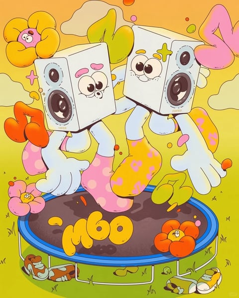 This vibrant, illustrative image depicts two anthropomorphic speaker characters energetically jumping on a small blue trampoline, their movements creating a sense of dynamic motion. The characters have white, cube-shaped speaker heads (one with a pink bow and pink polka-dotted leg warmers, the other with a yellow cross on its forehead and yellow patterned leg warmers), large expressive eyes, cartoonish white gloves, and rounded limbs, giving them a playful, rubber-hose animation style. The scene is set against a warm, gradient yellow-orange sky with stylized, amoeba-like clouds and floating, colorful abstract shapes. The composition is centered on the jumping pair, with a shallow depth of field that keeps them sharply in focus against the softer background. Visible text includes "EDIFIER" printed in small, sans-serif capital letters on the lower front edge of each speaker head, and the large, bubbly, yellow letters "M60" floating just above the trampoline's surface. The visual aesthetic is flat yet vibrant, with bold, clean outlines and solid, cel-shaded color fills typical of contemporary digital illustration. The color language is dominated by a warm, saturated palette of yellows, oranges, pinks, and lime greens, with high contrast between the bright characters and the slightly muted background. Lighting is flat and ambient, with no strong directional shadows, contributing to a cheerful and cartoonish mood. The texture is smooth and graphic, with no realistic surface details, emphasizing a playful, 2D graphic feel. The shape language is a mix of organic, rounded forms for the limbs and background elements, and geometric cubes for the speaker heads, with consistent, medium-weight line art defining all shapes. The overall mood is exuberant, whimsical, and full of high-energy, pop-art-inspired fun.