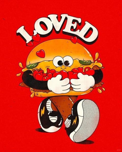 The image features a central anthropomorphic hamburger character rendered in a vibrant, retro cartoon style with a grainy, textured finish, set against a solid, bright red background. The character has large, expressive eyes, white-gloved hands holding a cluster of red hearts, and wears oversized black and white sneakers with yellow lightning bolt details, appearing to be in a playful, bouncing pose. Above the character, the word 'LOVED' is prominently displayed in a bold, white, three-dimensional serif font with a black drop shadow, arched slightly over the burger's head. Small red hearts float around the text and the character, reinforcing the theme. The visual aesthetic is flat and illustrative with thick, clean black outlines and a limited color palette dominated by the saturated red background, the warm orange-brown of the burger buns, bright yellow cheese, dark brown patty, and pops of white and black. The lighting is stylized and flat, with minimal shading that suggests a soft, frontal source, enhancing the graphic, sticker-like quality. Textures are implied through the grainy overlay and the dotted pattern on the shoe's sole, while the melted cheese and sauce splatters add a sense of gooey, tactile materiality. The composition is centered and symmetrical, focusing all attention on the character and text, creating a high-energy, cheerful, and affectionate atmosphere with strong visual weight on the central figure.