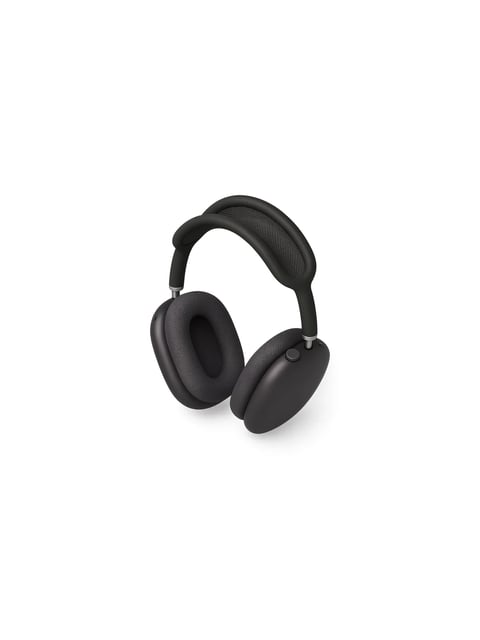 The image presents a single, centered pair of over-ear headphones as the sole subject against a stark white background, showcasing a minimalist and clean composition with the product oriented in a three-quarter view to display both the ear cup interior and the headband. There is no visible text, branding, or labeling on the product or within the frame. The headphones feature a modern, industrial design with a matte dark gray or charcoal finish on the ear cups and a flexible-looking, dark rubberized or silicone headband that includes a breathable mesh underside for comfort. The ear pads are plush and fabric-covered, with a textured weave that suggests softness and acoustic absorption. Lighting is soft and diffused, emanating from above and slightly to the front, casting a gentle, subtle shadow beneath the headphones that grounds them in space without harsh contrast. The aesthetic is sleek and utilitarian, emphasizing form and material quality through a neutral color palette dominated by shades of black and dark gray, with small silver metallic accents at the headband adjustment points adding a touch of refined detail. The overall mood is calm, premium, and focused on ergonomic design, with organic curves in the headband contrasting the smooth, geometric ovals of the ear cups.