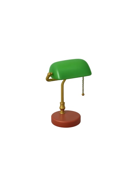 The image features a classic banker's desk lamp as the sole subject, presented in a clean, isolated composition against a stark white background. The lamp is structured with a circular, reddish-brown base supporting a curved, brass-colored metal arm that connects to a large, opaque, emerald green glass shade. A small, beaded metal pull chain hangs from the right side of the shade. The rendering is a smooth, photorealistic 3D style with soft, diffused lighting that creates gentle highlights on the glossy surfaces of the green shade and brass components, and subtle shadows on the base, conveying a sense of polished, solid materiality. The color palette is a triad of rich green, warm brass gold, and deep reddish-brown, with the high saturation of the green shade making it the focal point against the neutral background. The shape language combines the strong geometric circle of the base with the organic, flowing curve of the arm and the semi-ellipsoidal dome of the shade. The overall mood is quiet, focused, and nostalgic, evoking a sense of traditional study or office ambiance. There is no visible text or script anywhere in the image.