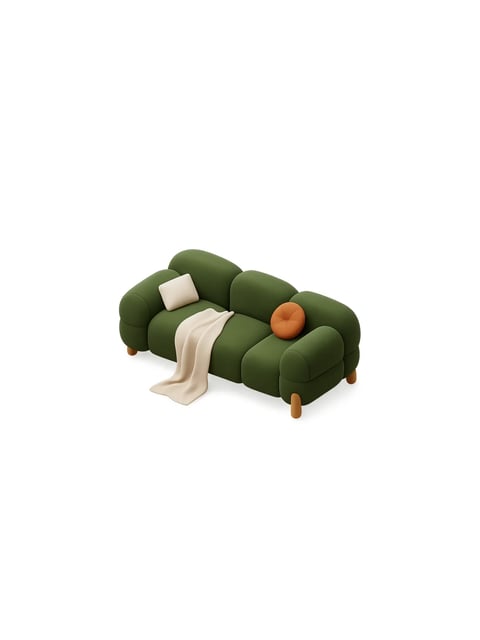 This image is a 3D rendered style reference showcasing a plush, low-profile, modular sectional sofa in a rich, matte olive green fabric. The composition is clean and minimalist, featuring the sofa as the singular subject against a stark, pure white background, creating high contrast and focusing all visual attention on the furniture piece. The sofa has a distinctive organic, cloud-like shape language with soft, rounded, and bulbous segments that emphasize comfort and a playful, contemporary aesthetic. Resting on the sofa are carefully placed decorative accessories: a square, off-white throw pillow, a round, textured pillow in a vibrant burnt orange, and a draped, creamy beige blanket that cascades off one seat cushion, adding a sense of softness and lived-in warmth. The visual aesthetic is a clean, modern 3D render, utilizing soft, diffused lighting from the upper left that casts gentle, soft-edged shadows beneath the sofa, highlighting its rounded contours and plush volume without harsh contrasts. The color palette is earthy and warm, dominated by the deep, saturated olive green, complemented by the creamy neutrals of the blanket and square pillow, and accented by the warm, energetic pop of the burnt orange round pillow. The visible wooden legs are a light, warm honey tone, adding a touch of natural, organic material feel to the design. There is no visible text within the image.