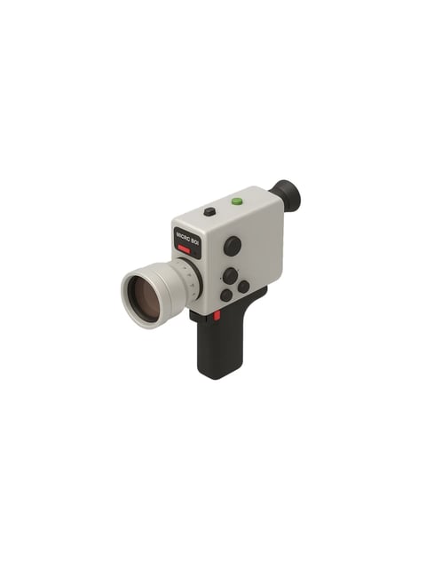 A 3D rendered model of a vintage-style handheld movie camera, positioned centrally against a plain white background. The camera features a light grey, boxy main body with a prominent cylindrical lens barrel extending forward, a black pistol-grip handle, and a black eyepiece at the rear. Visible text on a black label near the top left reads 'MICRO 801' in a bold, white, sans-serif font, with a red rectangular accent below it. The rendering style is clean and stylized with soft, diffuse lighting that creates gentle shadows, emphasizing the object's form. The color palette is restrained, dominated by cool light grey and deep black, accented by small, bright green and red buttons. The materials appear to be matte plastic with a smooth, slightly tactile finish, and the composition focuses entirely on the object's geometric shape language, which combines rounded cylinders with sharp, blocky forms.