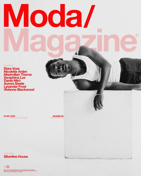 This is a monochromatic, high-contrast fashion magazine cover featuring a Black man as the central subject, posed dynamically on a large, plain white rectangular pedestal. The composition is clean and minimalist, with the subject lying diagonally across the pedestal, his torso and one arm draped over the edge, creating strong diagonal lines that lead the eye. The background is a seamless, light grey or off-white surface, emphasizing the subject and pedestal. The visual aesthetic is photorealistic with a slightly grainy, editorial texture, reminiscent of classic black-and-white fashion photography. The color language is strictly grayscale, with deep blacks in the subject's hair, trousers, and shadows, and bright whites in his tank top and the pedestal, creating high contrast. Lighting appears soft and directional from the upper left, casting gentle shadows that define the subject's muscular form and the pedestal's edges. Visible text is a major graphic element: large, bold, sans-serif typography dominates the top half, with 'Moda/' in bright red and 'Magazine' in a lighter, faded pink below it. A list of 'FEATURES' names in red (including Elara Voss, Nicolette Arden, Maximilian Thorne, etc.) runs vertically on the left. Smaller red text appears near the bottom left for 'PUBLISHER Silverline House' and fine print at the very bottom left, including 'ISSN' numbers and 'EDITOR-IN-CHIEF: ISABELLA HARTMAN'. Additional small text labels like 'ELARA VOSS' and 'MAXIMILIAN' appear near the subject's position. The overall mood is sophisticated, bold, and contemporary, with a strong editorial and artistic atmosphere.
