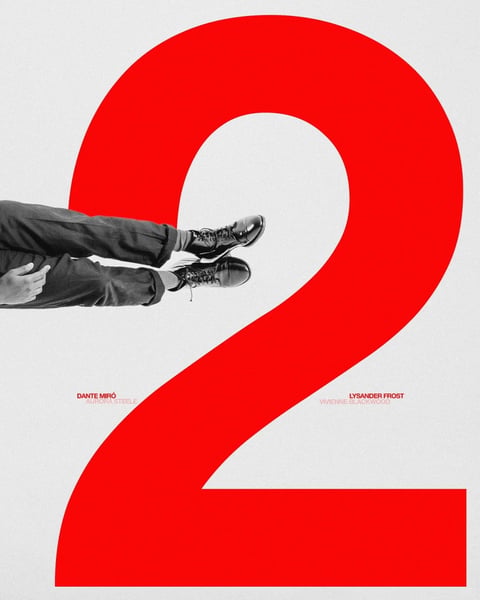 The image is a minimalist, high-contrast graphic composition featuring a large, bold, bright red numeral '2' as the dominant visual element, set against a textured, light gray or off-white background. The numeral is rendered in a flat, solid style with sharp, clean edges. Superimposed on the left side of the image, overlapping the lower curve of the '2', is a monochrome, photorealistic photograph of a person's lower body from the mid-thigh down. The person is wearing dark, straight-leg trousers and shiny, black leather dress shoes with laces, with their hands resting on their thighs. The text is minimal and consists of two names in small, red, sans-serif font: 'DANTE MIRÓ' appears on the left side, below the person's legs, and 'LYSANDER FROST' appears on the right side, within the white space inside the curve of the '2'. The overall aesthetic is modern, editorial, and conceptual, with a strong emphasis on geometric shape, flat color, and stark contrast between the graphic numeral and the realistic photographic element.
