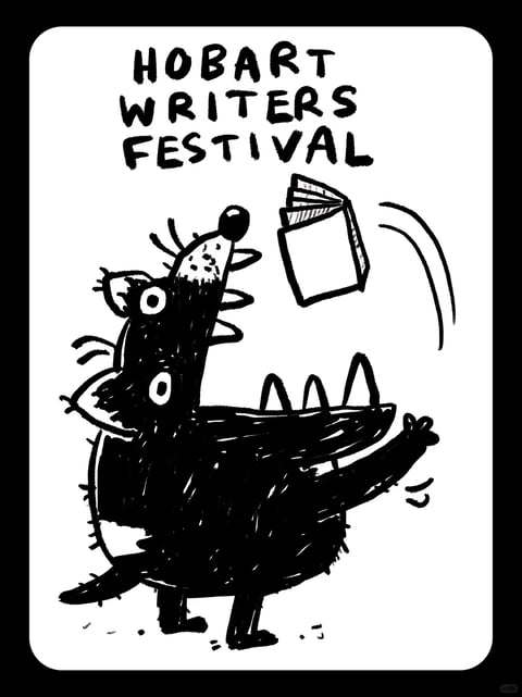 This is a black and white, illustrative image featuring a stylized, whimsical creature, likely an echidna, as the central subject. The creature is rendered in a bold, hand-drawn, ink-like style with heavy black fill and visible white highlights or scratches that create texture and a sense of volume. It stands in a profile view, facing left but looking upwards and to the right with wide, cartoonish eyes. Its long snout points toward a small, open book that appears to be flying or floating in the air above it, indicated by two curved motion lines. The creature has a spiky back, a short tail, and small legs. Above the illustration, the text 'HOBART WRITERS FESTIVAL' is written in three lines of large, bold, hand-lettered, all-caps black text. The entire composition is contained within a white, rounded-corner rectangle set against a solid black background. The visual aesthetic is raw, expressive, and illustrative, reminiscent of a marker or ink drawing with high contrast and a playful, energetic mood. The shape language is organic and loose, with uneven line weights that give it a spontaneous, sketch-like quality.