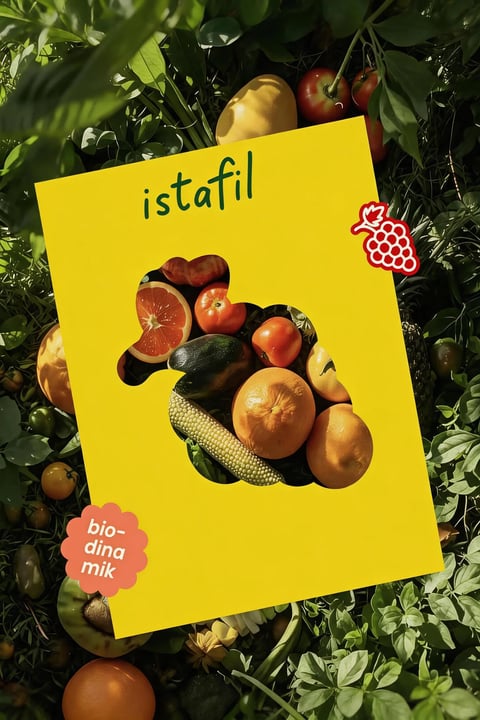 The image features a photorealistic, still-life composition where a large, bright yellow, irregularly shaped card serves as the central focal point, superimposed over a dense, lush backdrop of fresh green foliage and scattered produce. The yellow card contains a cutout or transparent window revealing an arrangement of sliced grapefruit, whole red tomatoes, a dark avocado, and cobs of white corn. The overall visual aesthetic is vibrant and tactile, with a high saturation level, particularly in the dominant yellow of the card and the fresh greens of the background, creating a strong color contrast. The lighting appears soft and diffused, coming from above, casting gentle shadows that enhance the three-dimensionality of the produce and the card. Texture and material feel are emphasized through the matte surface of the card, the juicy, segmented flesh of the grapefruit, the smooth skin of the tomatoes, and the individual kernels on the corn. Compositionally, the card is angled slightly, creating dynamic depth against the overlapping leaves and fruits in the background. Visible text includes the word 'istafil' in a dark, handwritten-style font at the top of the yellow card, a red and white logo resembling a cluster of berries in the top right, and the words 'bio-dina-mik' arranged vertically within a pink, scalloped circle in the bottom left. The mood is fresh, organic, and inviting, with a natural, farm-to-table energy conveyed through the abundance of raw produce and the botanical setting.