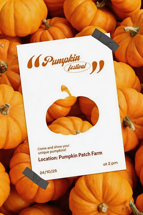 The image features a white poster or flyer pinned atop a dense, overlapping pile of bright orange pumpkins, creating a layered composition with the poster as the focal point. The pumpkins are realistically rendered with smooth, slightly matte skin, deep vertical ridges, and brownish-green stems, filling the entire background. The poster is secured at the top right and bottom left corners with strips of dark gray or black tape, adding a tactile, handcrafted element. The overall visual aesthetic is photorealistic, emphasizing the natural textures and forms of the pumpkins and the paper. The color language is dominated by warm, saturated orange hues of the pumpkins, contrasted against the clean white of the poster and the dark, neutral tones of the tape. The lighting appears soft and diffused, highlighting the rounded shapes and gentle curves of the pumpkins with subtle shadows, creating a cozy, autumnal atmosphere. The composition is tightly framed, focusing attention on the poster while the pumpkins provide a rich, textured backdrop. Visible text on the poster includes 'Pumpkin festival' in a stylized, cursive brown font at the top, flanked by decorative comma-like shapes; a pumpkin-shaped cutout in the center reveals more pumpkins beneath; and lower down, the text reads 'Come and show your unique pumpkins!' followed by 'Location: Pumpkin Patch Farm' and 'at 2 pm' in smaller, sans-serif brown font, with a date '24/10/25' in the bottom left corner. The text serves as informational content for an event, integrated into the design with a playful, festive tone. The mood is inviting and cheerful, evoking a sense of seasonal celebration and community.